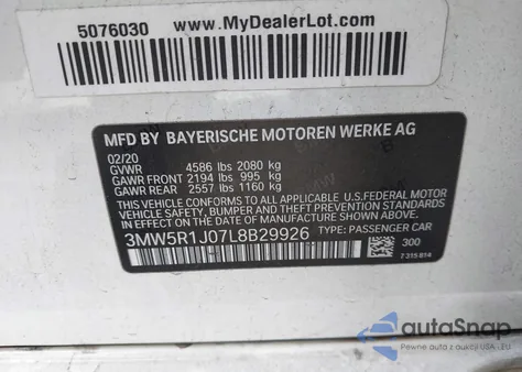 2020 BMW 330I z USA, uszkodzony, nr VIN 3MW5R1J07L8B29926